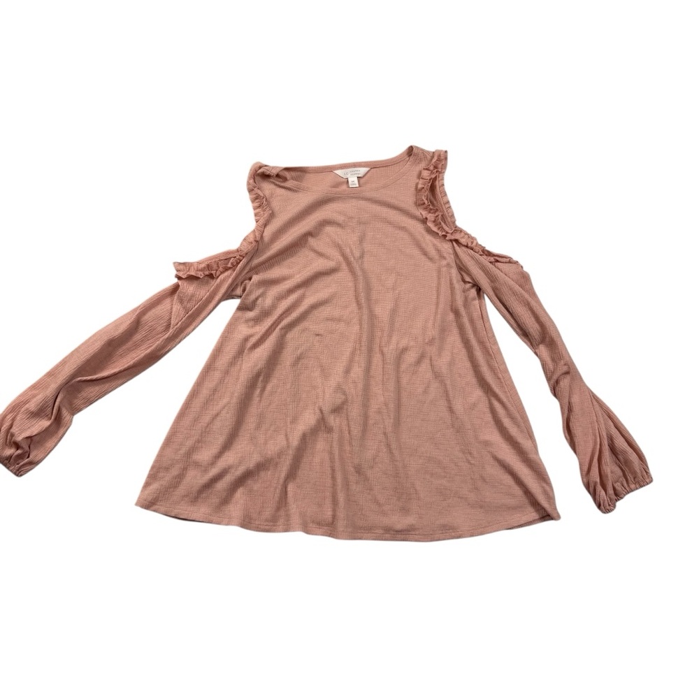 LC Lauren Conrad Cold Shoulder Top Women's Size M Peach Pink Ruffle Trim Flounce
